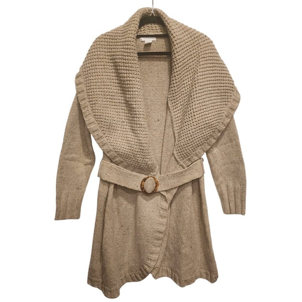 Soft Surrounding Women Beige Chunky Knit Lambswool Duster Belted Cardigan Sz XL